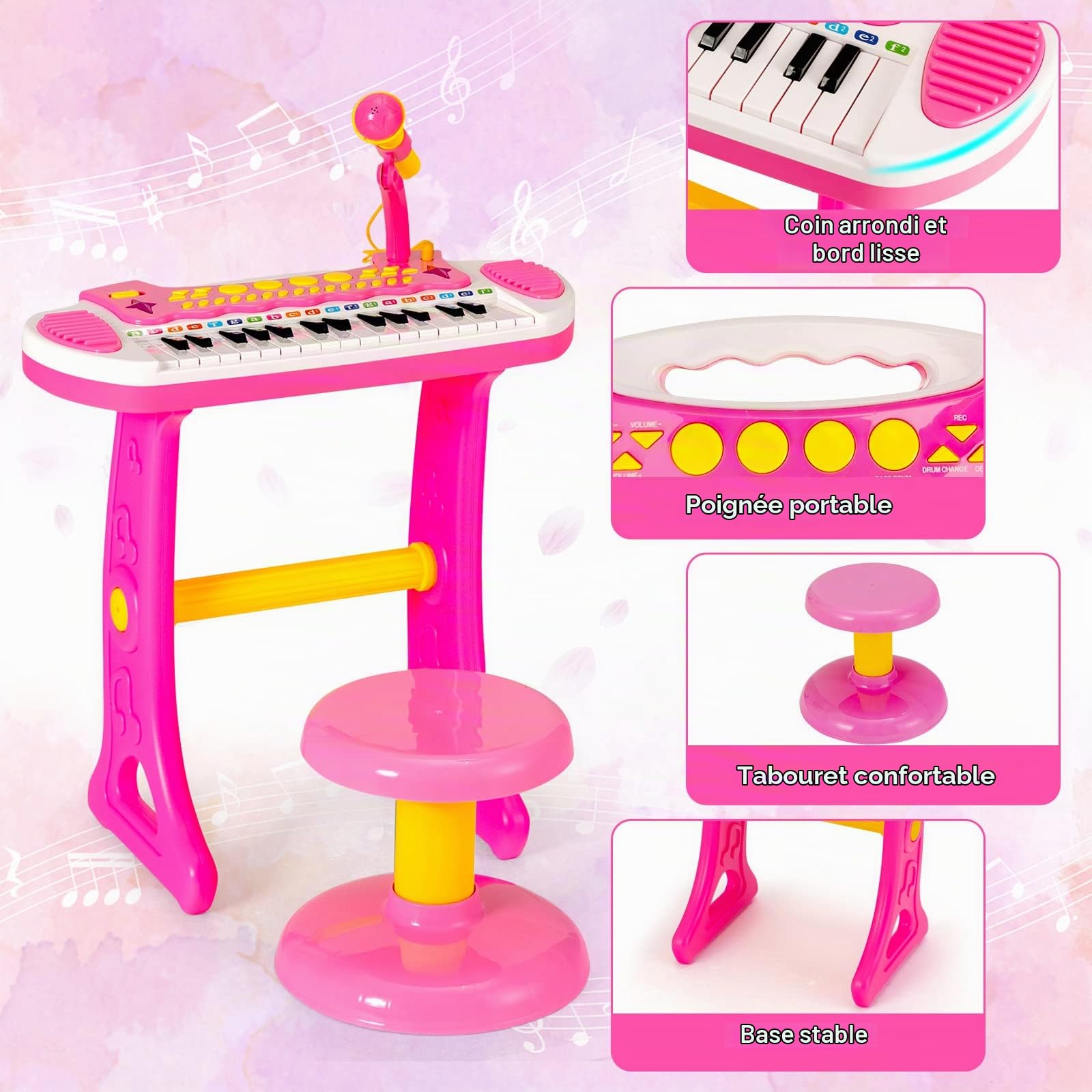 GOPLUS Clavier de Piano à 31 Touches pour Enfant, Jouet Piano Électronique avec Tabouret et Microphone, 22 Démos, pour Garçons et Filles 3+ Ans et Plus (Rose)