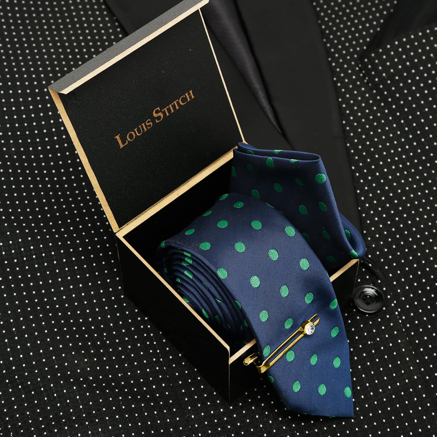 LOUIS STITCH Mens Polka Dot Blue Italian Silk Necktie Set With Pocket Square and Gold Pin (Suit Accessories) (Czech) 1