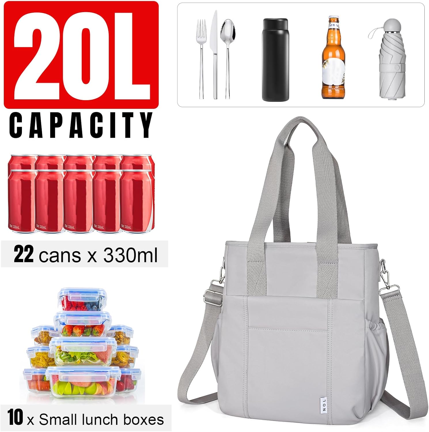 NOL Insulated Lunch Bag for Women, Large Spacious Lunch Tote Bag With Removable Adjustable Shoulder Strap with Multi Pockets, Leakproof Cooler Bag,Lightweight Nylon Waterproof Lunch Box For Work,Gray - Image 3