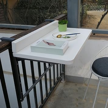 Outdoor Folding Side Table,Balcony Bar Table For Railings,balcony hanging table,Folding Hanging Table,Desktop Height Adjustable In 5 Gears,Portable Deck Table For Garden Porch Backyard  Color White