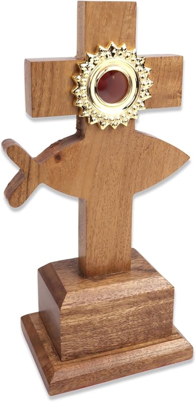 Needzo Wooden Relic Monstrance, Catholic Church Supplies, 8.75 x 4.5 Inches | Ichthys Design, Velvet Lined Display, Religious Accessories