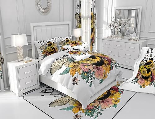 Miniatura 7 de Juego de edredón de flores y margaritas de abeja, juego de ropa de cama rústica de 3 piezas para niños, adolescentes y niñas, edredón de cama de