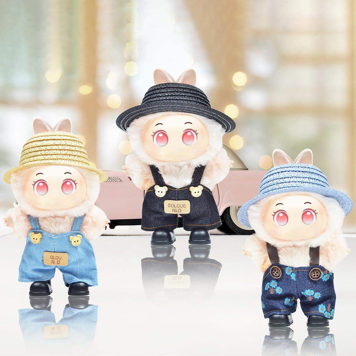 17cm/15cm Doll Clothes for Labubu Dolls, Cute Plush Dolls Outfit Accessories with Overalls + Hat + Shoes, Fashion Doll Clothing Sets (3 Sets of Clothes)
