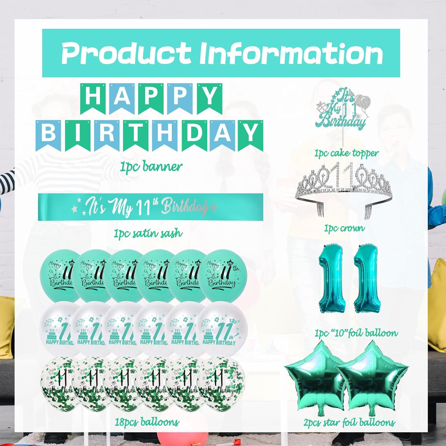 11th Birthday Decorations for Girls,Glitter It's My 11th Birthday Cake Topper & sash and Banner, Teal 11 birthday Balloons and Foil Balloons and Silver 11th Crown-Teal 11 Birthday Decorations - Image 4