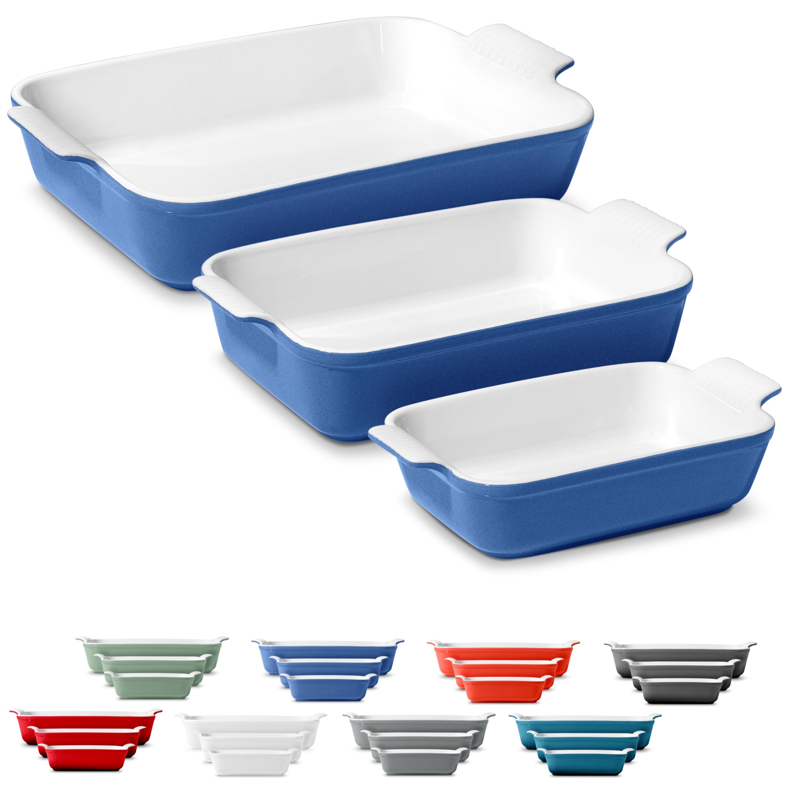 Stoneware Baking Dish Set with Handles, 3 Pieces, Reactive Blue