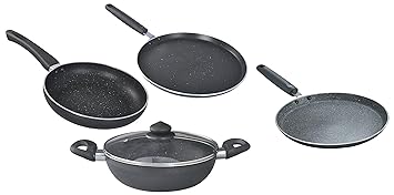 Prestige Aluminium Omega Deluxe Granite Finish with 1 Glass Lid (Black) - 3 Pieces, Standard (36316) & Omega Deluxe Granite Nonstick Dosa Tawa, 280 mm (Black)