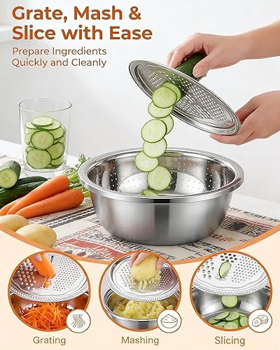 Miniatura 5 de Alemania - Cuenca multifuncional de acero inoxidable 304 de acero inoxidable 304, desagüe con colador, cesta de drenaje, enjuague de arroz, rallador