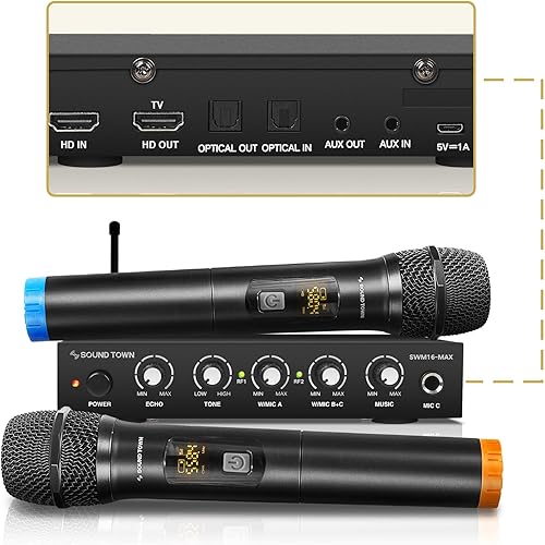 Sound Town Sistema mezclador de karaoke con micrófono inalámbrico con canal de retorno de audio HD, óptico (Toslink), AUX, compatible con Smart TV,
