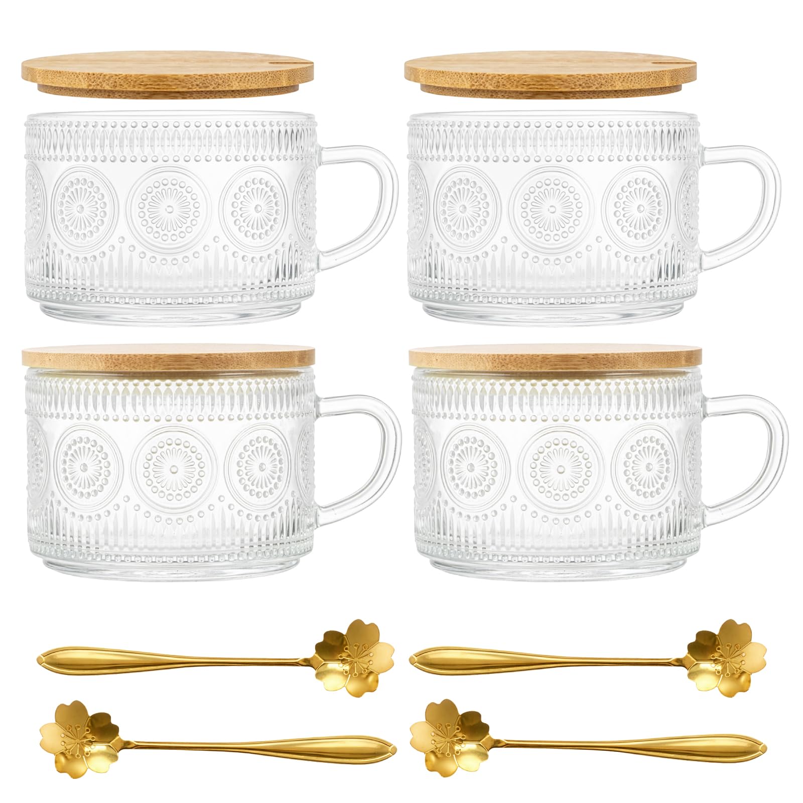 SUNNYNEST 4PCS Vintage Glass Coffee Mugs with Bamboo Lids & Spoons, Embossed Clear Cups for Latte Tea Overnight Oats, Stackable Breakfast Jars for Kitchen & Gifts