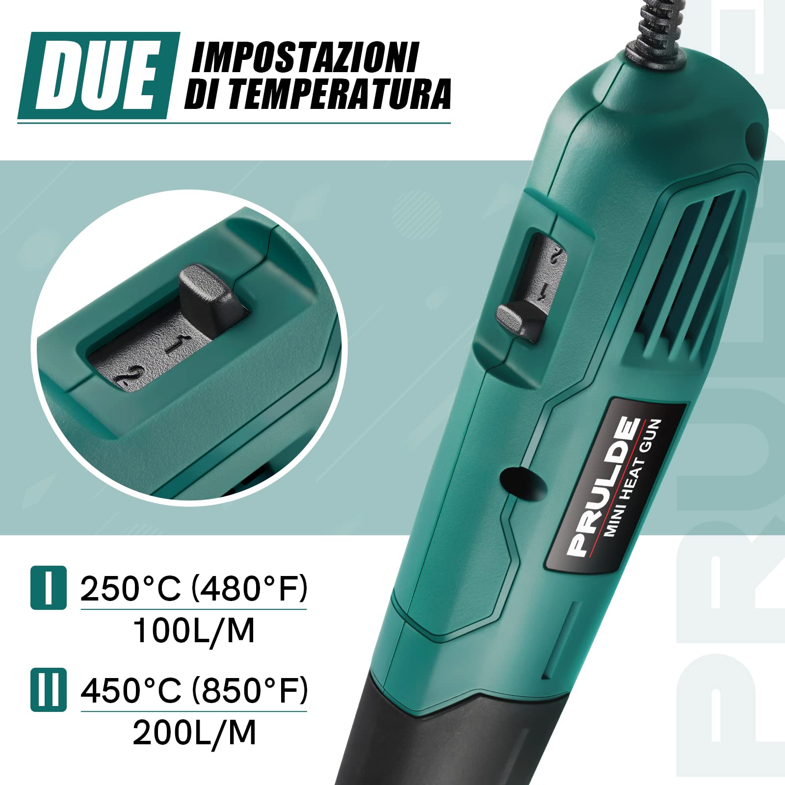 PRULDE Pistola ad Aria Calda, Mini Pistola Termica Elettrica 500W Riscaldamento Rapido con 2 Impostazioni di Temperatura per Goffratura Artigianale, Involucri Termoretraibili
