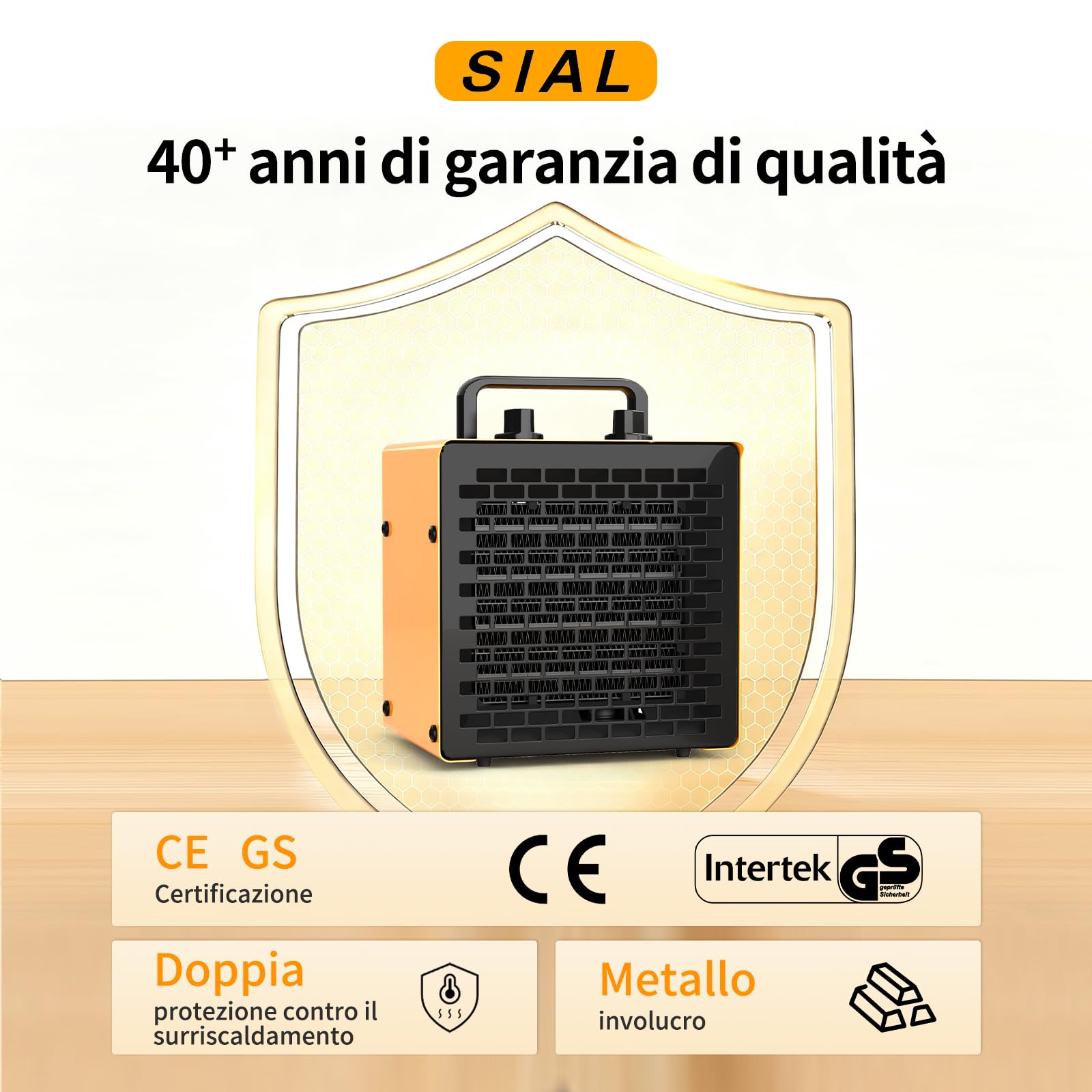 SIAL Termoventilatore Ceramico 2000W - Stufetta Elettrica - Compatto Riscaldamento Industriale - con Termostato e Protezione da Surriscaldamento, Per bagno o officina