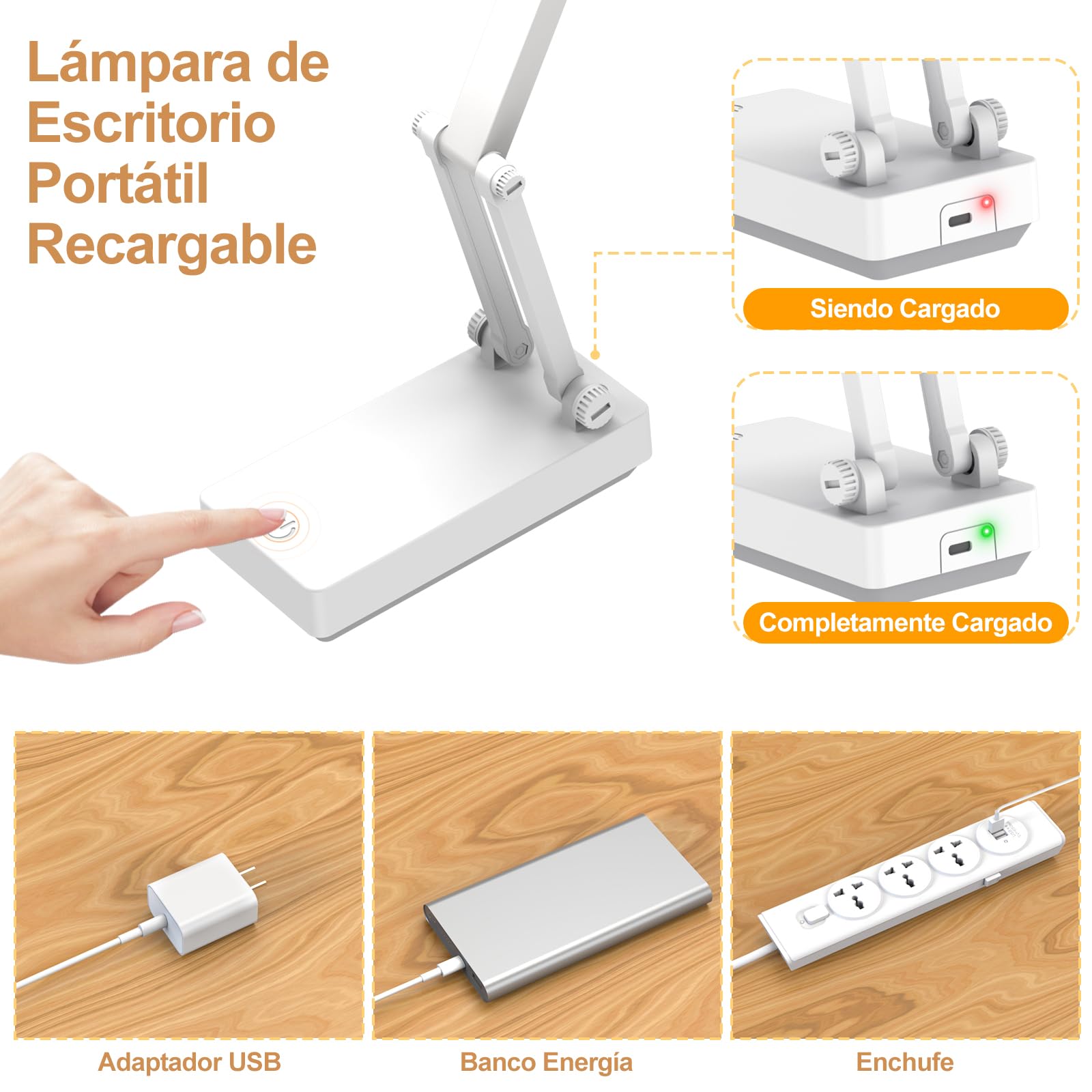 Lámpara Escritorio LED, Flexo Lámpara Táctiles Plegables, Lamparas sin Cables Noche,Luz de Mesa con Pilas de 2400 mAh, 3 Modos,Luz de Escritorio Recargable para Dormitorio, Lectura, Estudio
