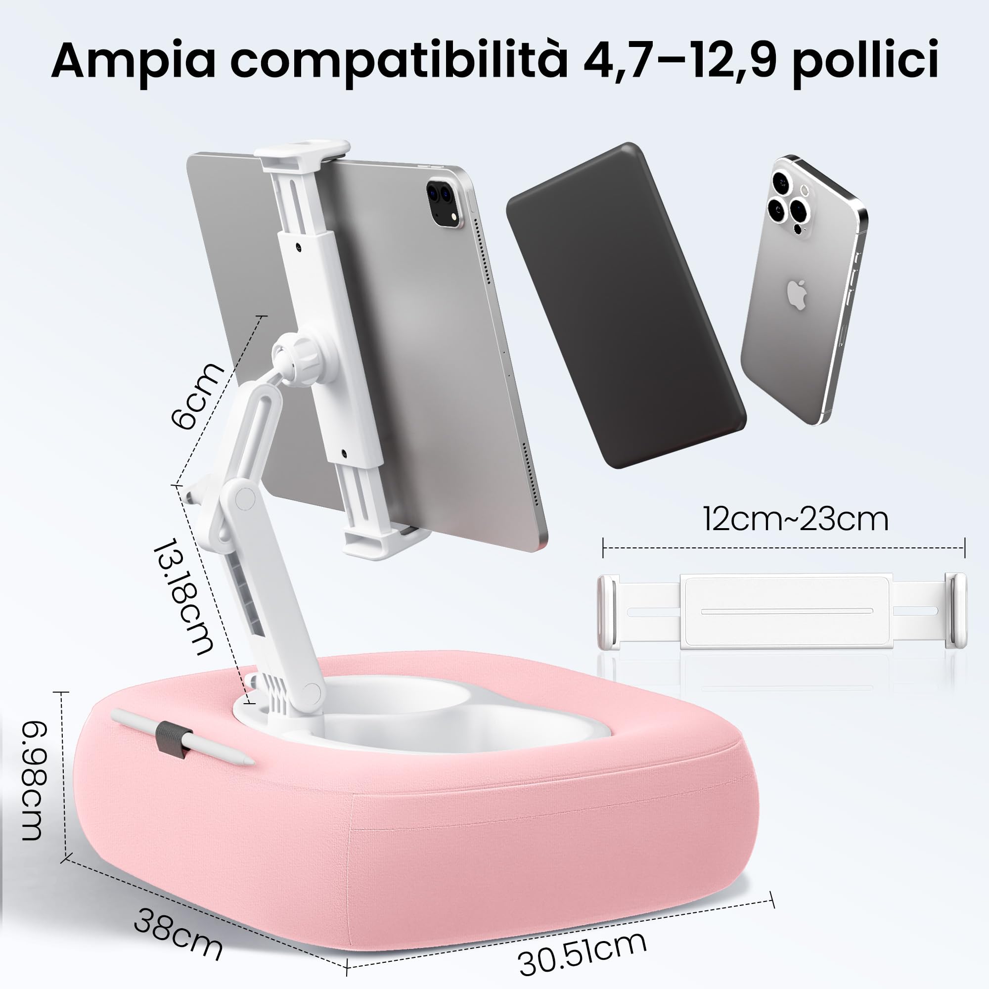 Supporto per cuscino per tablet con 2 ciotole per snack, supporto per iPad regolabile a 360°, per iPad da 4,7 a 13", Kindle, smartphone, accessori Kindle sul letto, divano, rosa