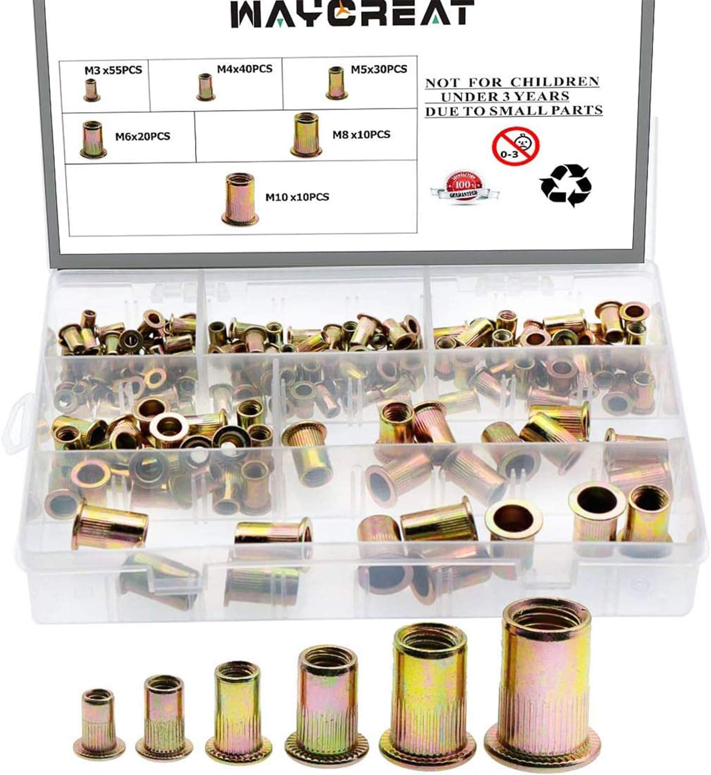 Waycreat 165Pcs M3 M4 M5 M6 M8 M10 Rivet Nuts, Metric Flat Head Insert Nutsert Assortment Kit