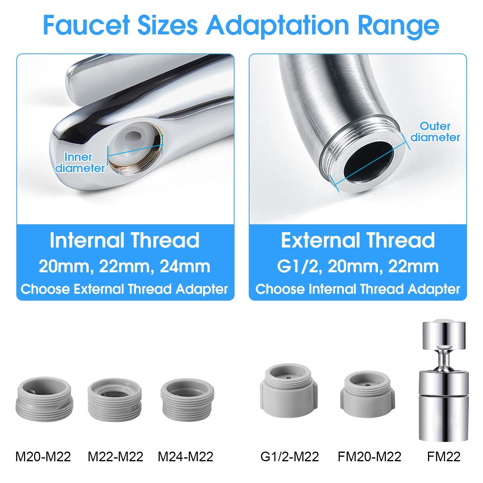 720° Obrotowy Kran Napowietrzacz Kran Kuchenny Regulowany 2 tryby, Atomizer Kran, Adapter kran kuchenny do zlewozmywaków i łazienek, z 5 adapterem, gwint wewnętrzny 22 mm