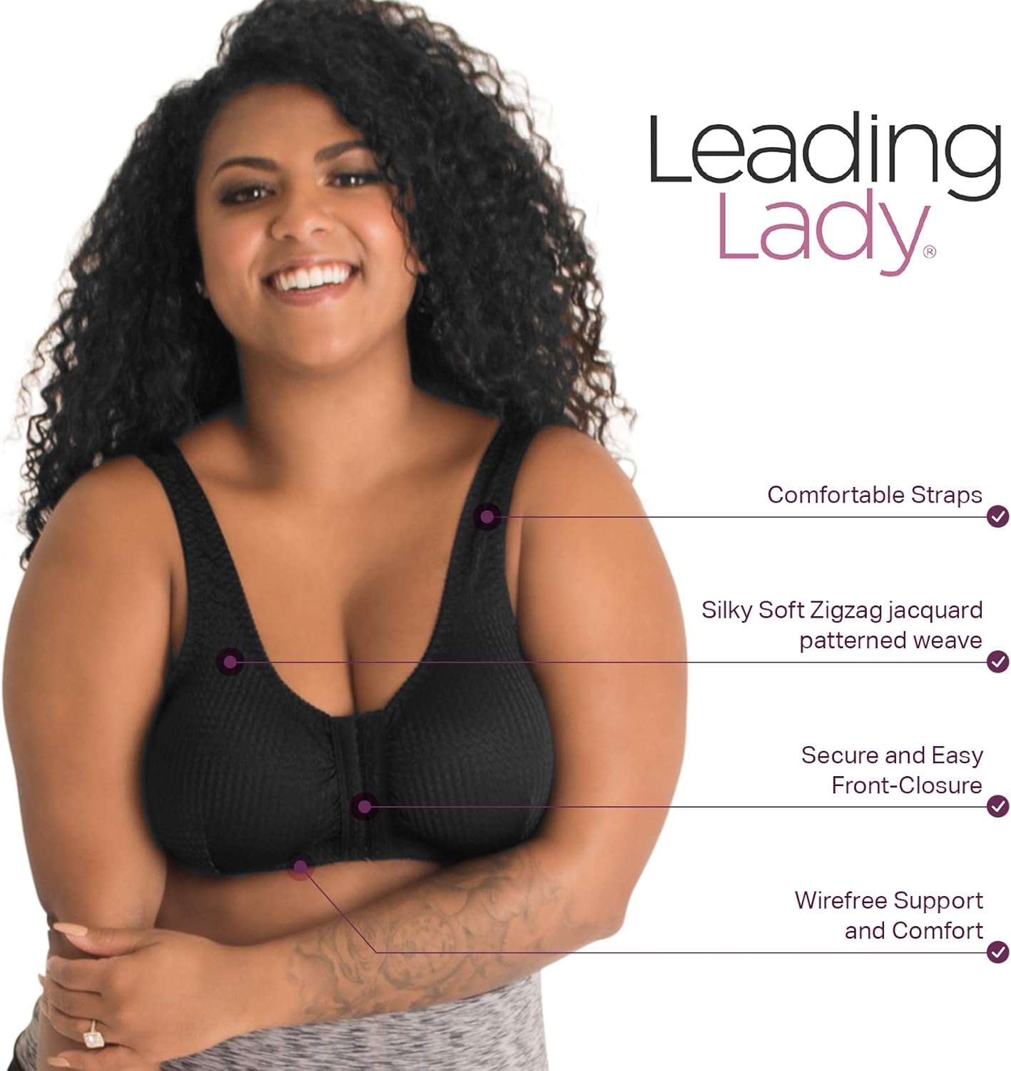 Leading Lady, Marlene, Front-Closure Bra for Women, Wireless, Full Coverage, Wide Straps, Breathable, Unlined, Silky, 36B-52G - Image 7