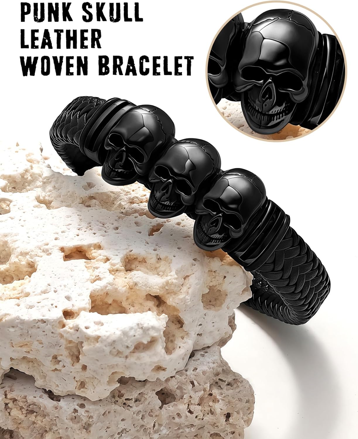 Gothic Skull Braided Leather Cuff Bracelets for Men Women,316L Stainless Steel/18K Gold Plated/Black Punk Skeleton Head woven Leather Bracelet Party Accessories for Rapper Motorcycle Biker 7.5-9 inch