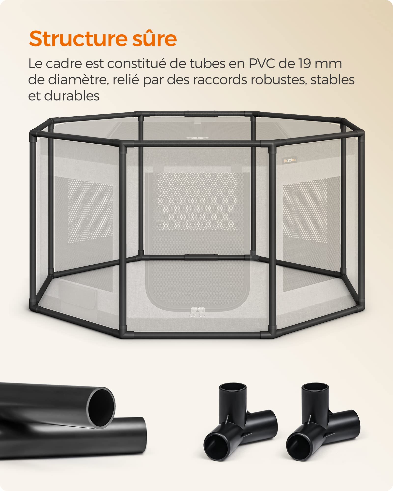 Feandrea Parc pour Chien en Tissu Oxford, Clôture Octogonale, Enclos, Taille L, 112 x 112 x 62 cm, Cadre en Tube PVC, Filet Respirant, Pochette de Rangement, Gris Foncé et Gris Clair PDC003G01