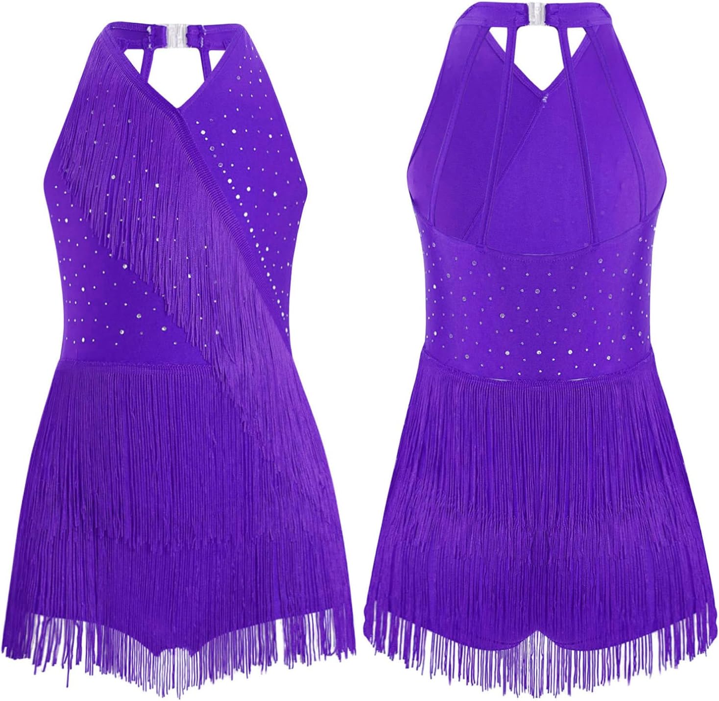 YiZYiF Big Girl's Samba Rumba Dance Bodysuit Shiny Tango Latin Jazz Dance Dress Fringe Leotard Tassel Jumpsuit
