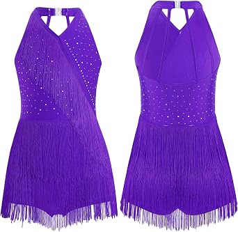 YiZYiF Big Girls Samba Rumba Dance Bodysuit Shiny Tango Latin Jazz Dance Dress Fringe Leotard Tassel Jumpsuit