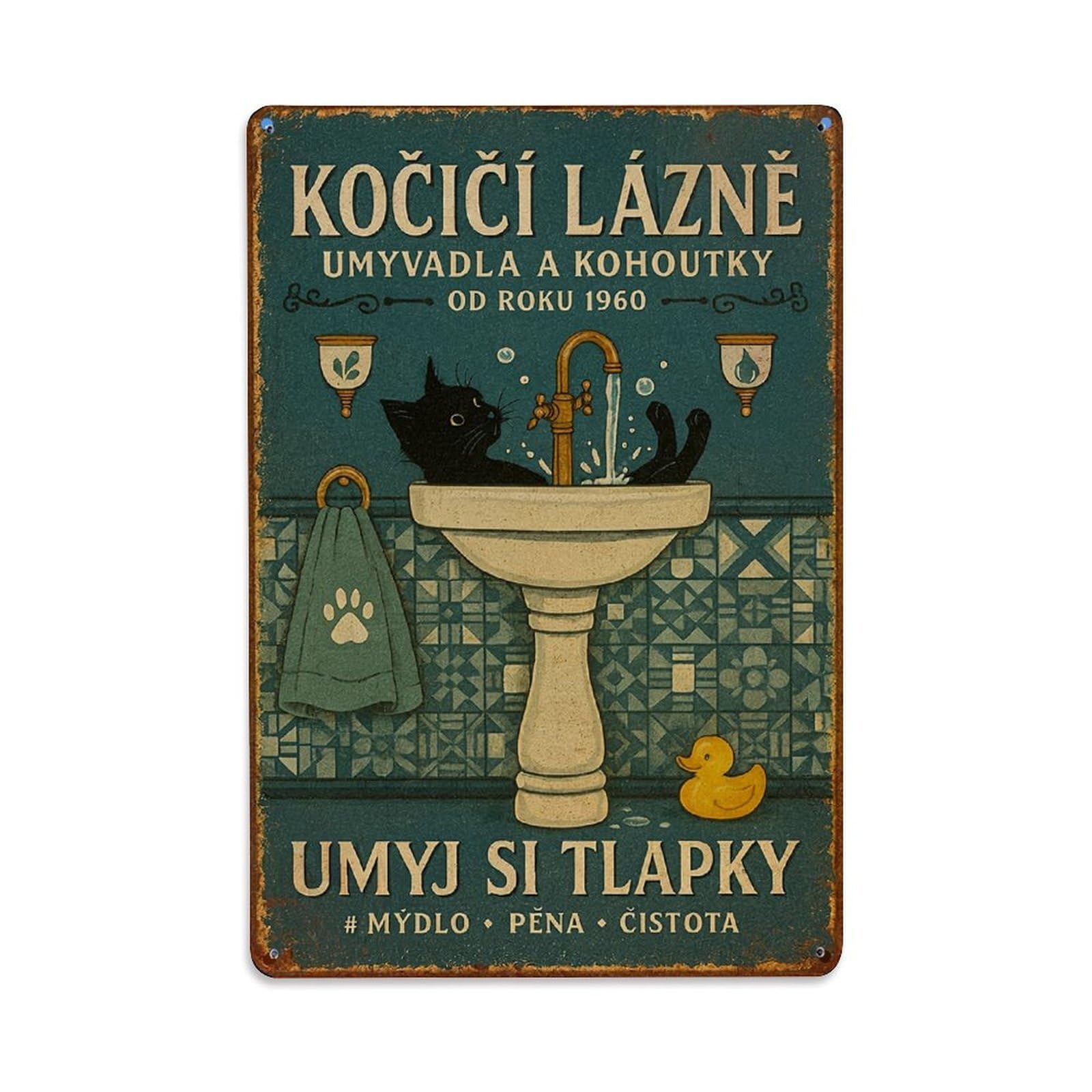 Cat Sink Duck Towel Pattern Retro Metal Tin Sign, Vintage Decor Art Poster for Bar, Home, Man Cave, Kitchen, Laundry Room Gift 8x12Inch