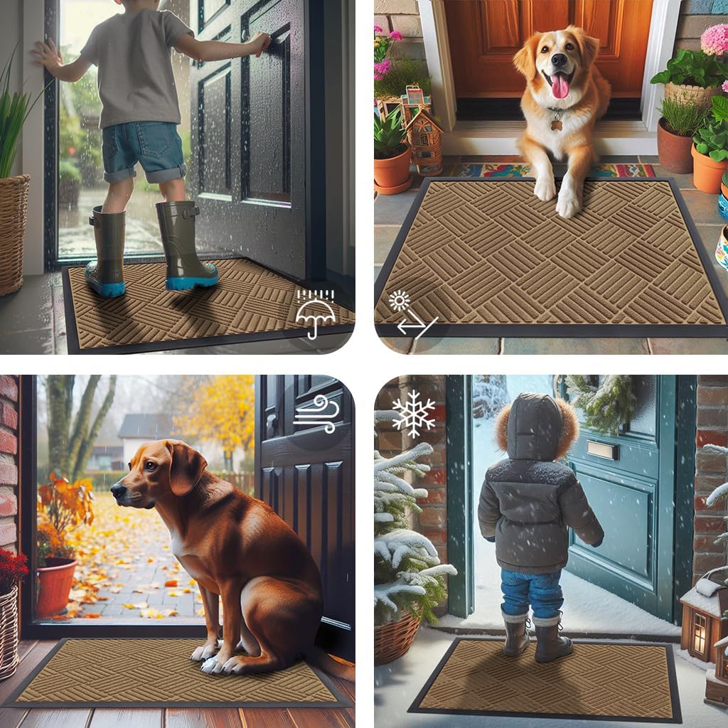 Smiry Front Door Mat Outside Entrance, Heavy Duty Outdoor Indoor Natural Rubber Doormat, Non Slip, Trap Dirt and Moisture, Easy Clean, Low Profile Patio Porch Entryway Mat, 35x23, Coffee