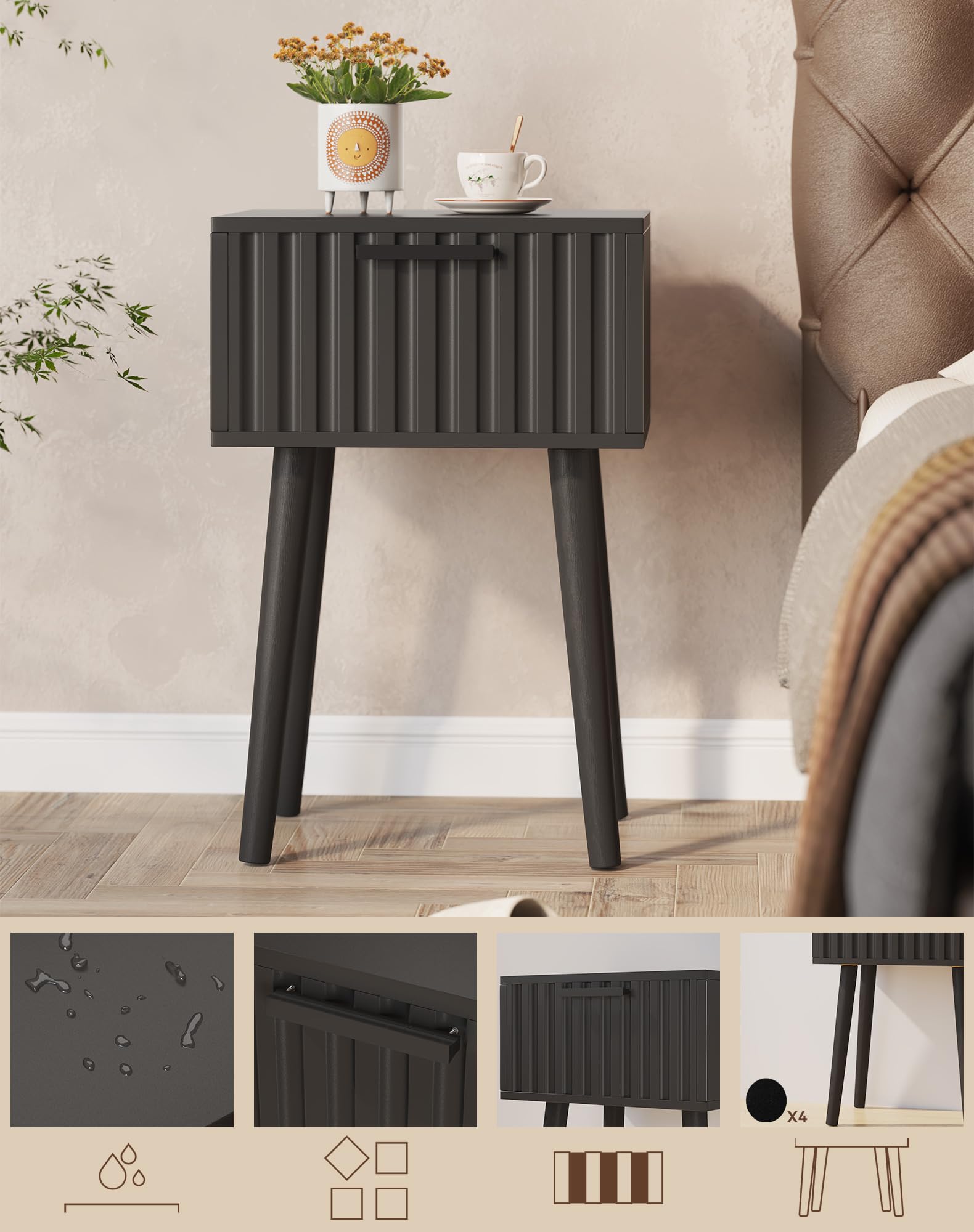 YMYNY Nachttisch 2er Set, Beistelltisch, Nachtschrank, Magnetschublade mit geriffelten Fronten, Massivholz Beinen, Modern, Couchtisch für Schlafzimmer Wohnzimmer, Schwarz HST014B-2