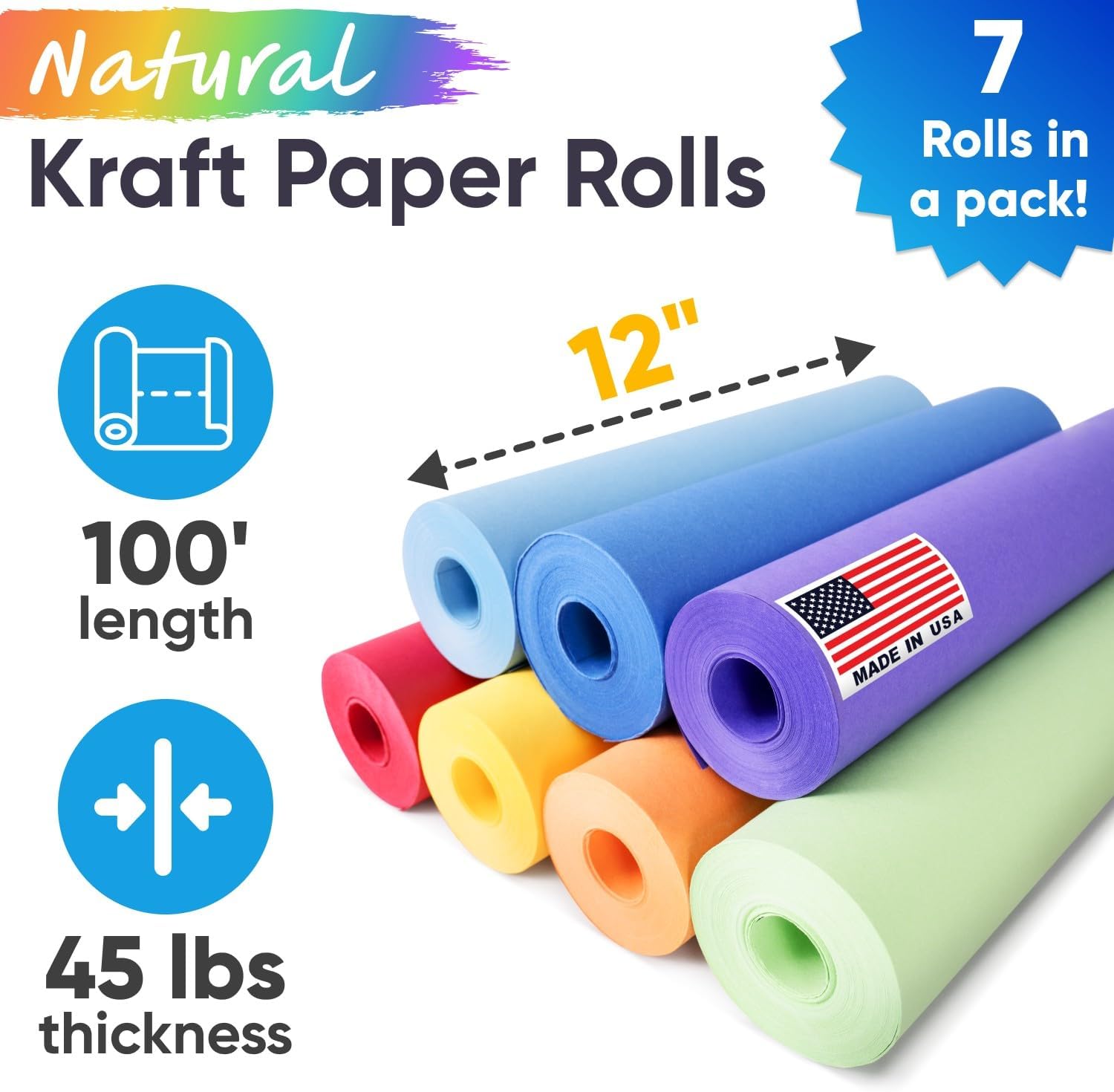 12" x 1200" (100 ft) Pack of 7 Rolls, Rainbow Kraft Paper Set
