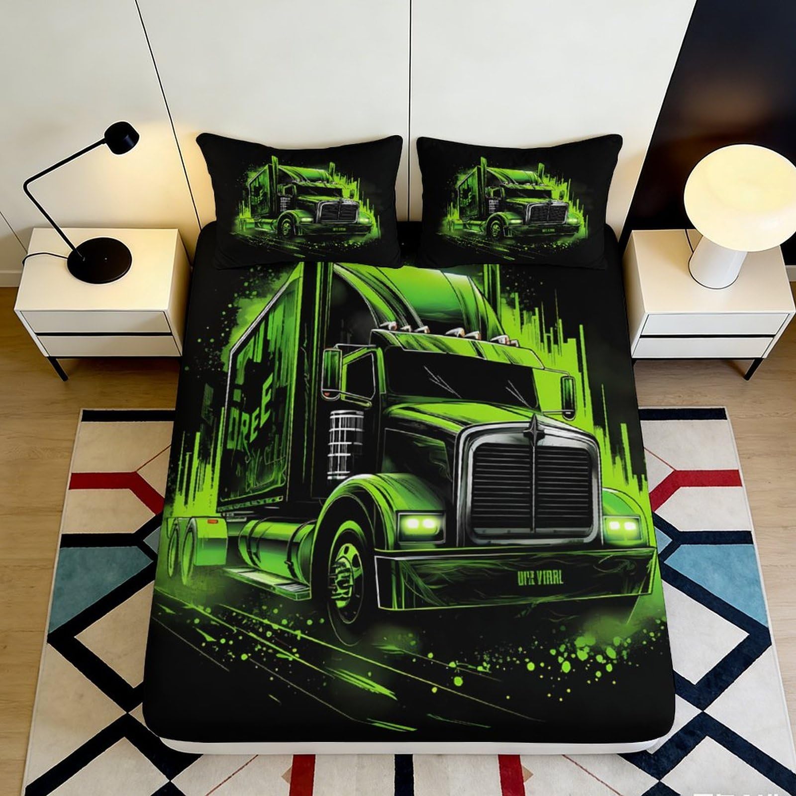 3D Printed Neon Truck Fitted Sheet Microfiber Soft Breathable Urban Night Mattress Cover for Bedroom Dorm Decor 180x200x25cm