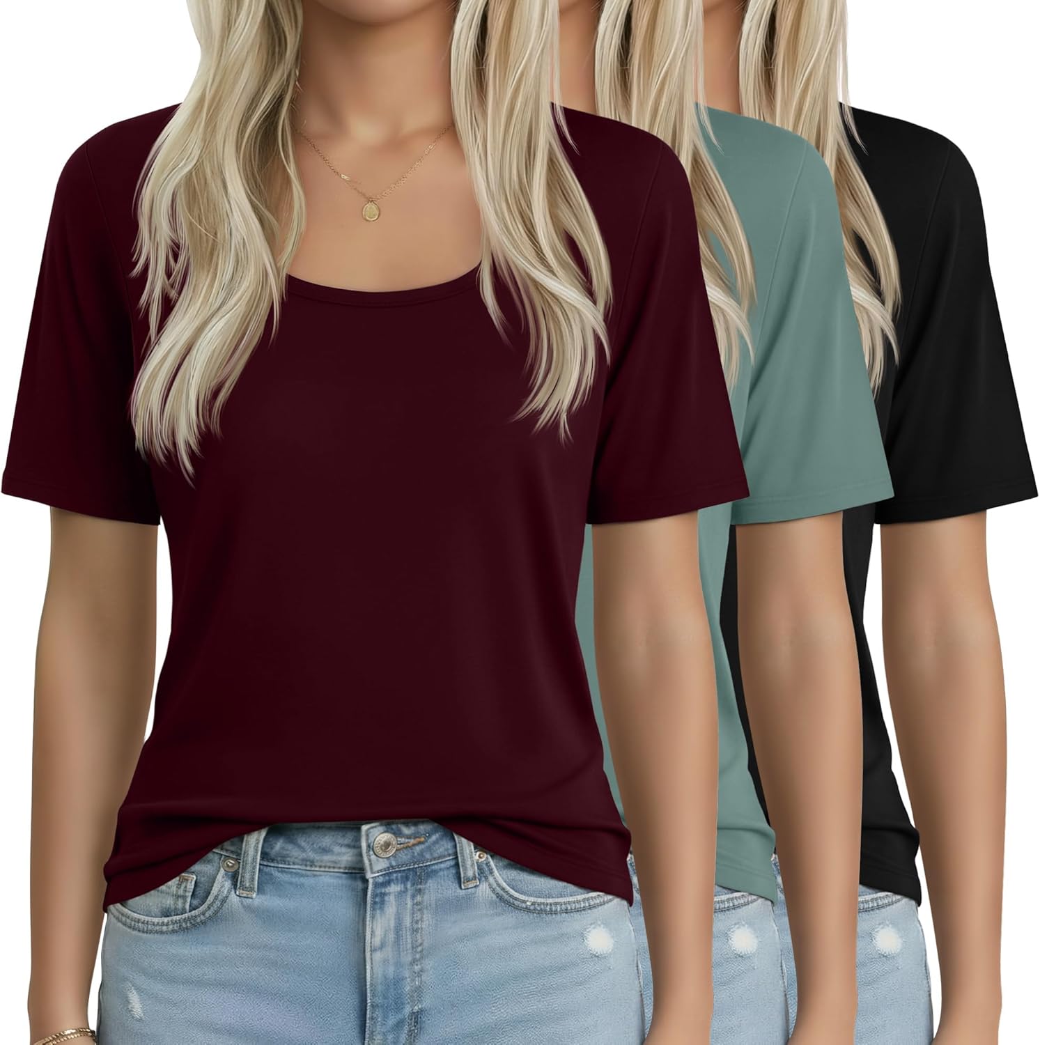 Neer 3 Pack Women's Scoop Neck Short Sleeve Tops Loose Fit Basic Casual T Shirts Lounge Layer Tees Summer