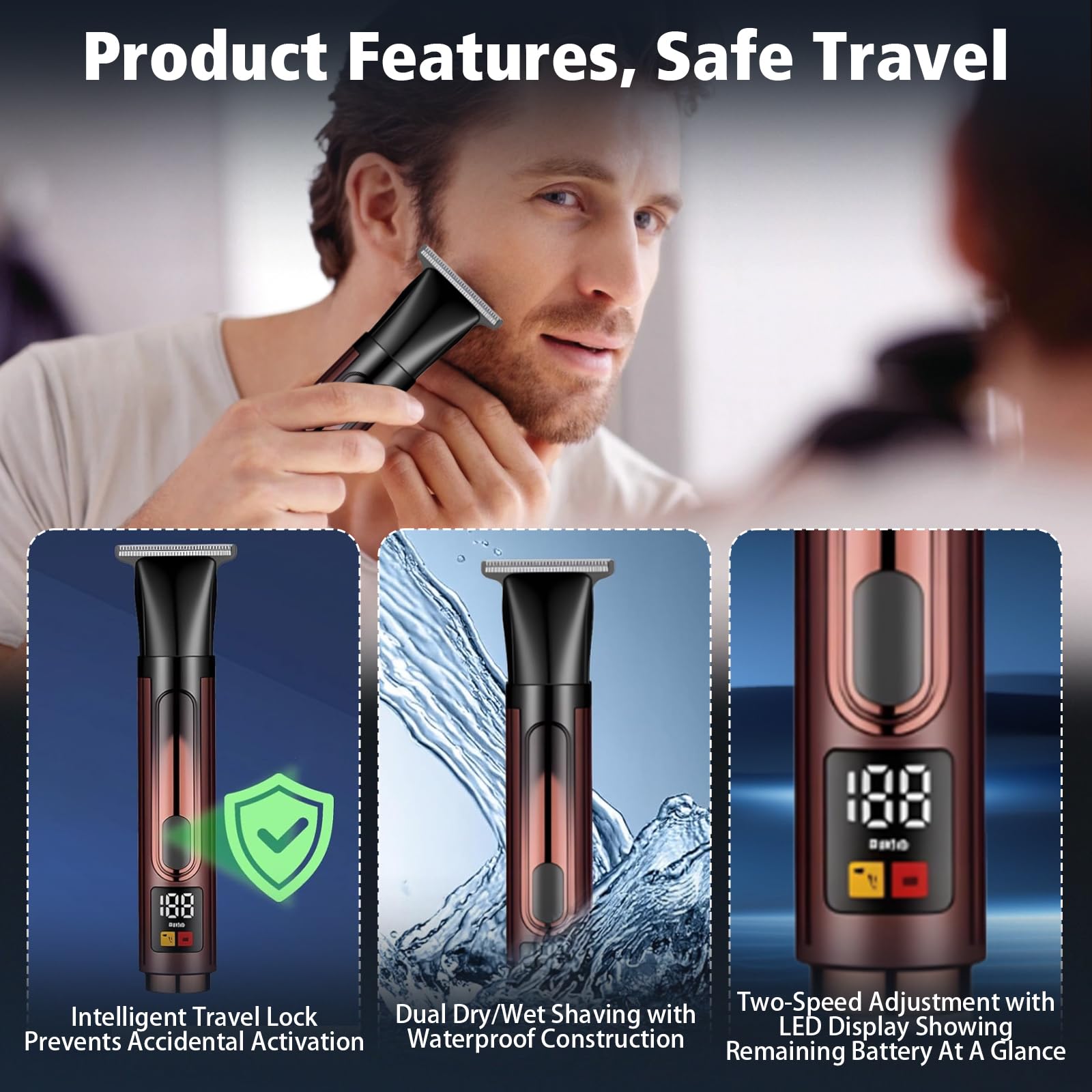 Rasoio elettrico da uomo, 4 in 1, kit per la cura del corpo, con manico di prolunga regolabile, impermeabile, senza fili, USB, per la cura del corpo privato, barba, schiena, naso