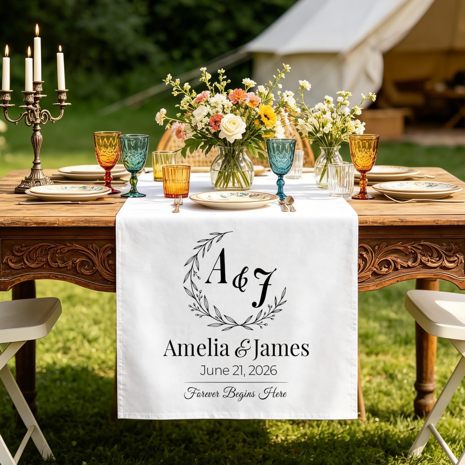 Custom Wedding Table Runner, Personalized Linen Fabric Banner with Name & Date, Hanging Wall Tapestry Decor for Sweetheart Table, Reception Party(S2)