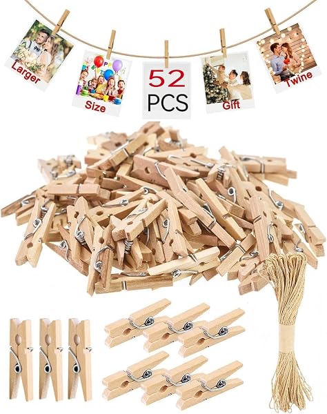 Nokwocy mini pinzas de madera, 52 piezas, 10 m cuerda