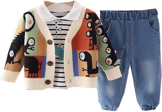 Amazon 子供服 男の子 カーディガン シャツ ズボン 三点セット 恐竜 カートゥーン かわいい 縞柄 キッズ ボーイズ 1 4歳 上下セット 柔らかい 肌触り良い 秋冬服 80cm 90cm 100cm 110cm カジュアル かっこいい おしゃれ カーディガン 通販