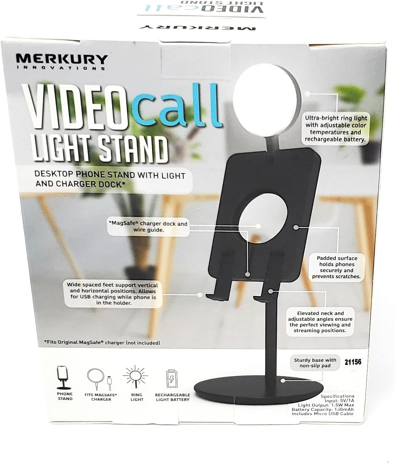 Back view of the Merkury Innovations Video Call Light Stand showing MagSafe charger dock and wire guide