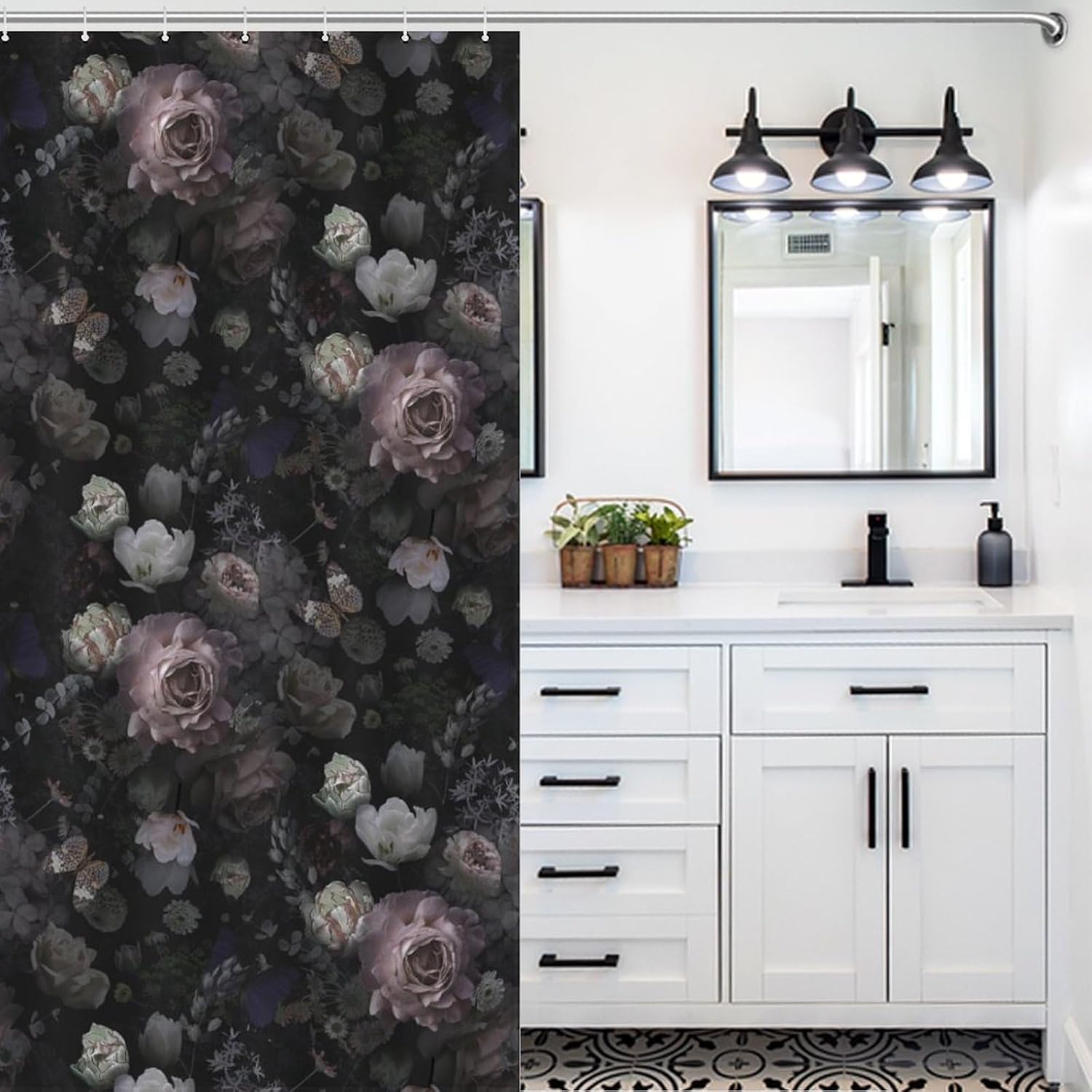 Vintage Floral Shower Curtains Gothic Victorian Black Pink Flower Rose Retro Bath Curtains for Bathroom Decor Polyester Fabric，66x72 Inch