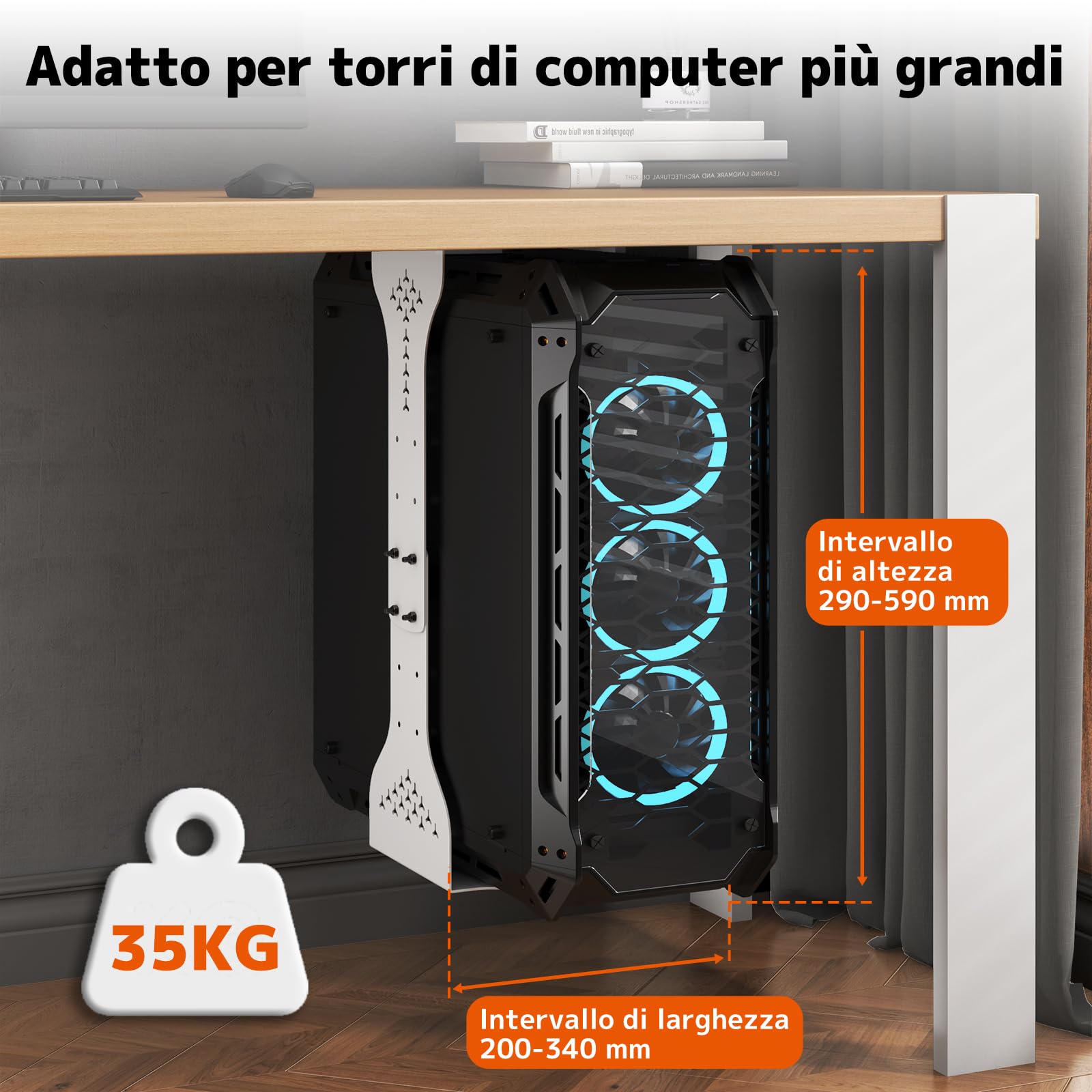 PUTORSEN Supporto per PC sotto scrivania, larghezza massima fino a 340 mm, portata fino a 35 kg, supporto da tavolo in PC con imbottitura protettiva, alloggiamento per computer resistente, bianco
