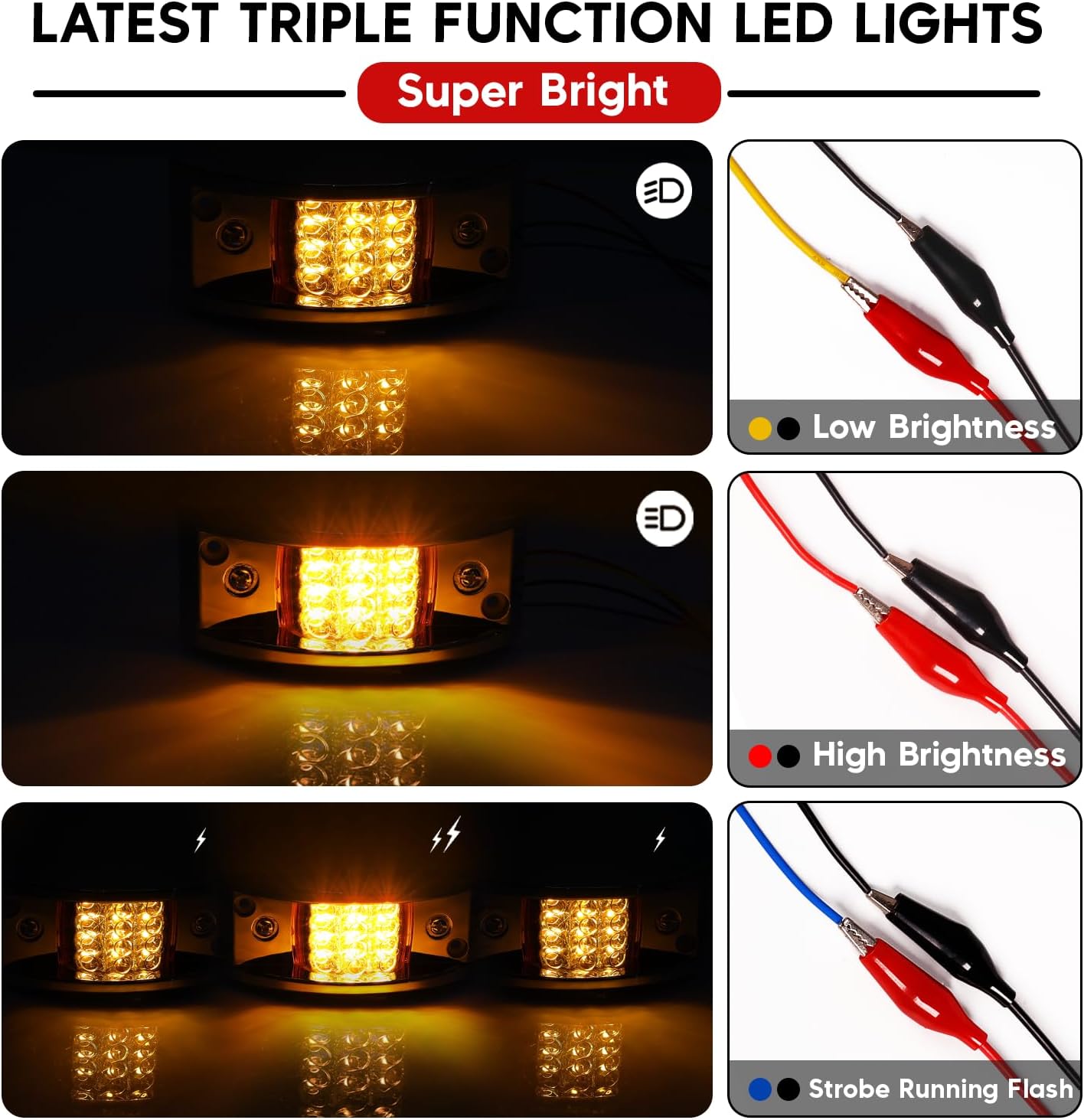 4 Pcs Sealed Chrome Armored - Amber LED (Low/High/Strobe) Trailer Clearance, Side Marker Light 12LED Amber Rectangle Led, Surface Mount Led Lights (4 Packs)