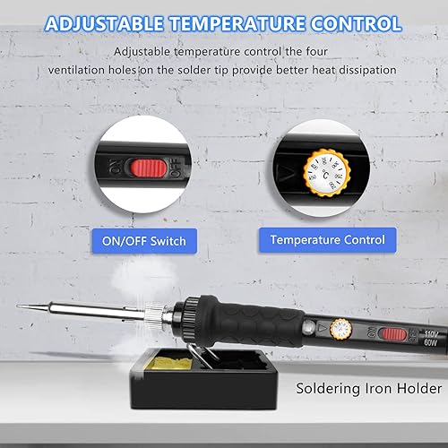 Vista 4 de Kit de soldador de 60 W y 110 V, temperatura ajustable, con puntas de hierro, soporte, esponja, alambre para soldar