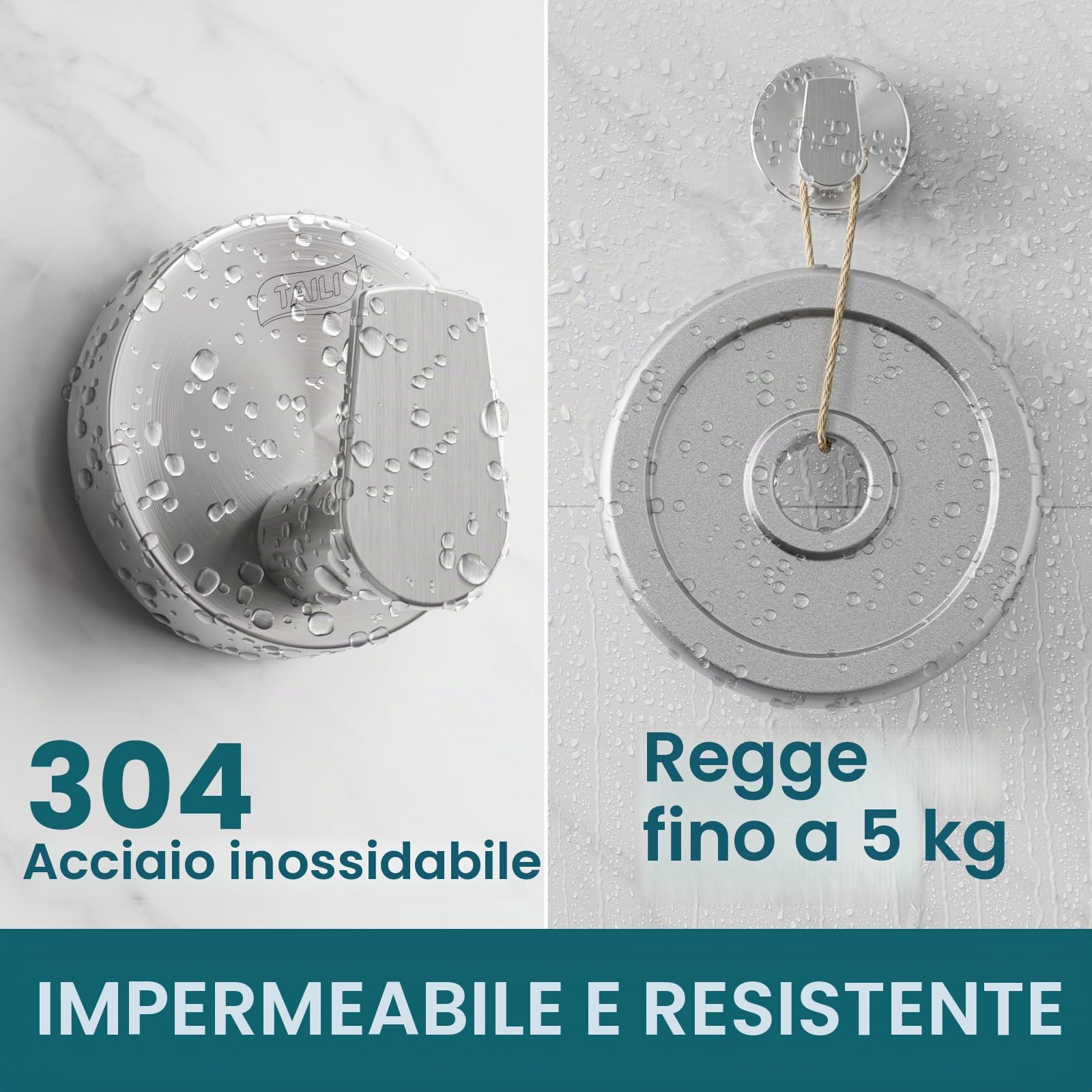 TAILI Ganci per asciugamani da bagno con ventose senza foratura, in acciaio inossidabile, riutilizzabili, ganci per doccia e bagno, impermeabili, resistenti, ganci rimovibili per doccia, cucina
