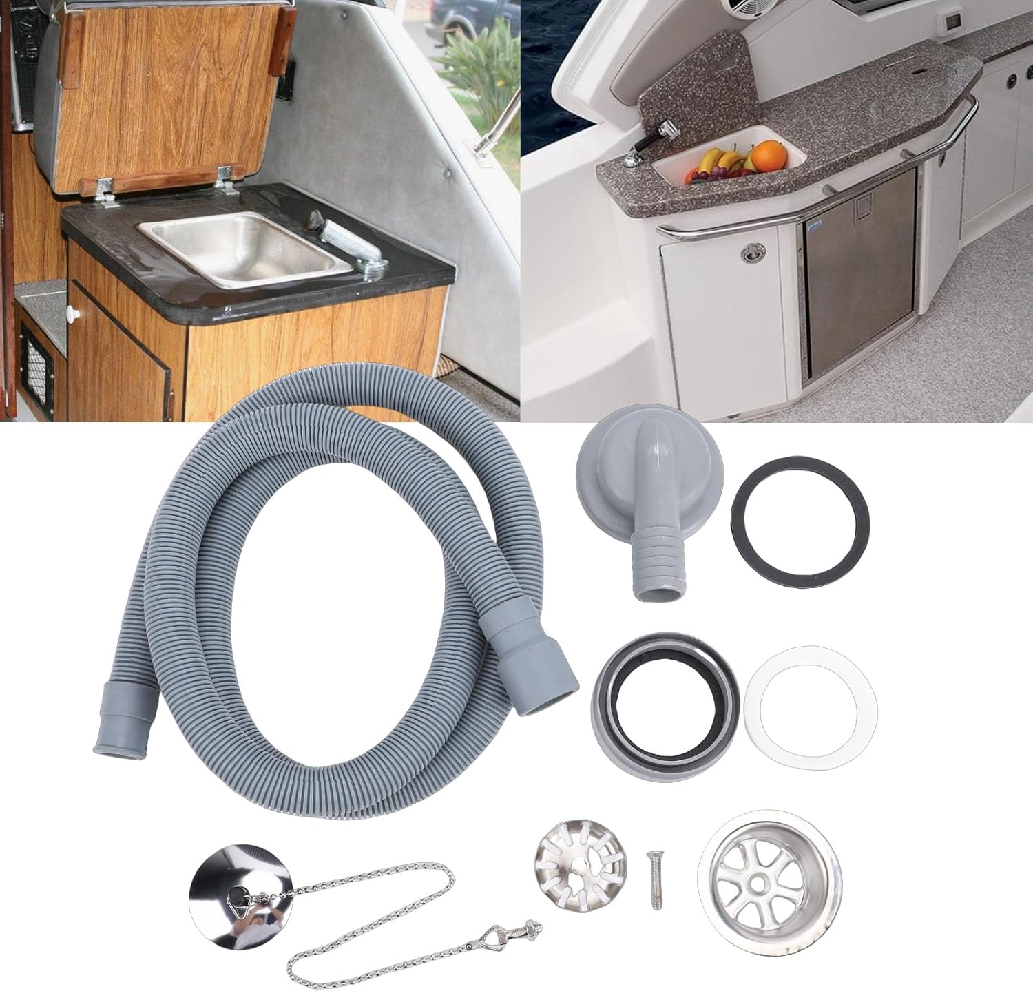 Fockety RV Sink Drain Kit, 2 3/4in Right Angle RV Sink Drain Connector Double Strainer PVC Stainless Steel Boat Efficient Drainage with 1.5m Hose for Yachts