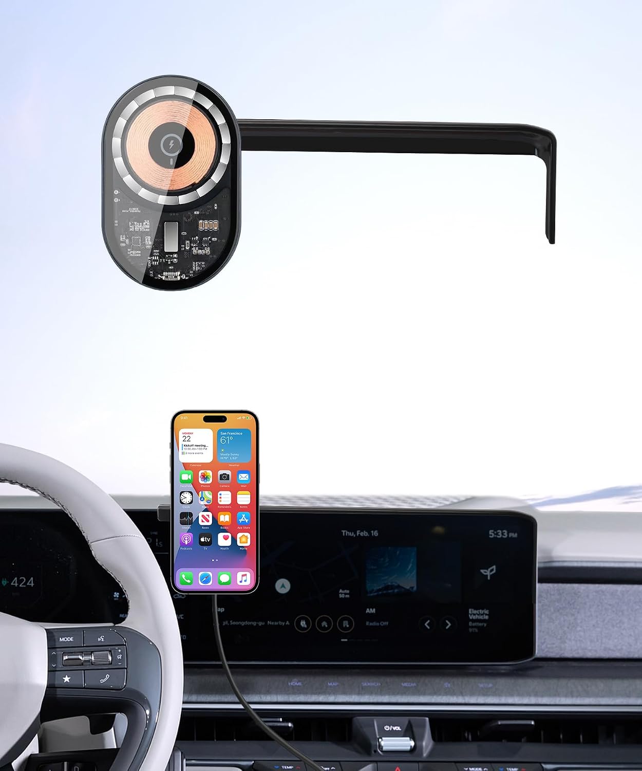 Wireless Charging Car Phone Holder for Kia EV9 2024-2025, 12.3" Screen Fixed Clip, 360° Rotation Car Phone Mount Compatible with MagSafe