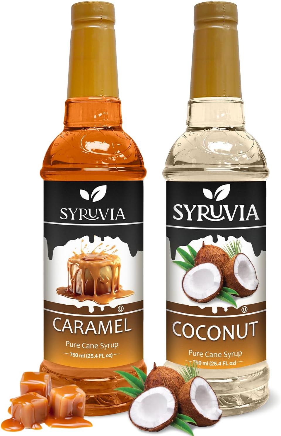 Syruvia Coffee Syrup Variety Pack - Caramel & Coconut- Gluten-Free, Kosher, 25.4 fl oz Bottles - Enhance Your Coffee Experience with Premium Flavoring Syrups