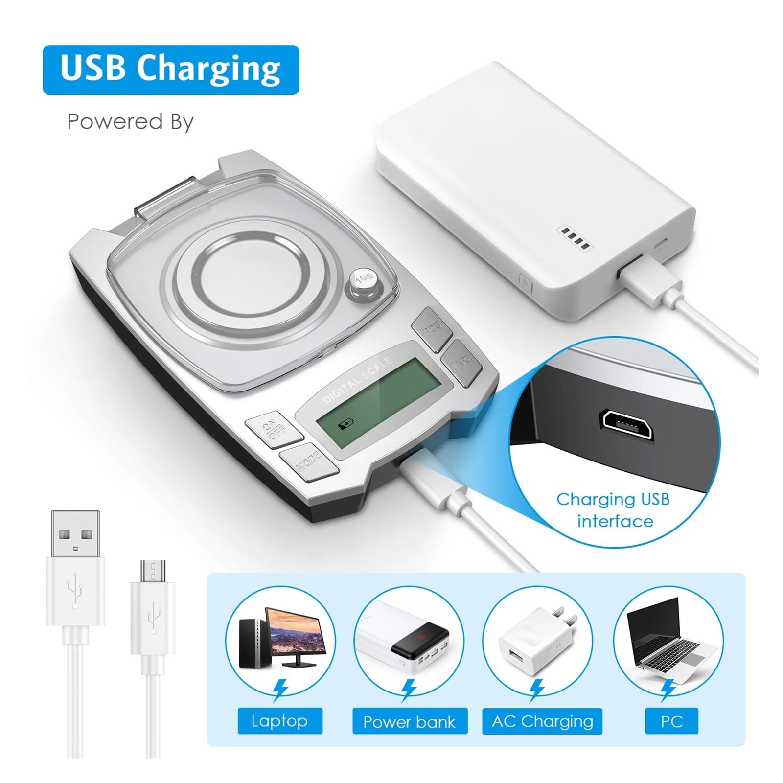 Básculas de cocina, Báscula electrónica de precisión de 0.001g, báscula de pesaje Digital con carga USB de 100g/50g, báscula portátil de peso for laboratorio, báscula de miligramos(100g)