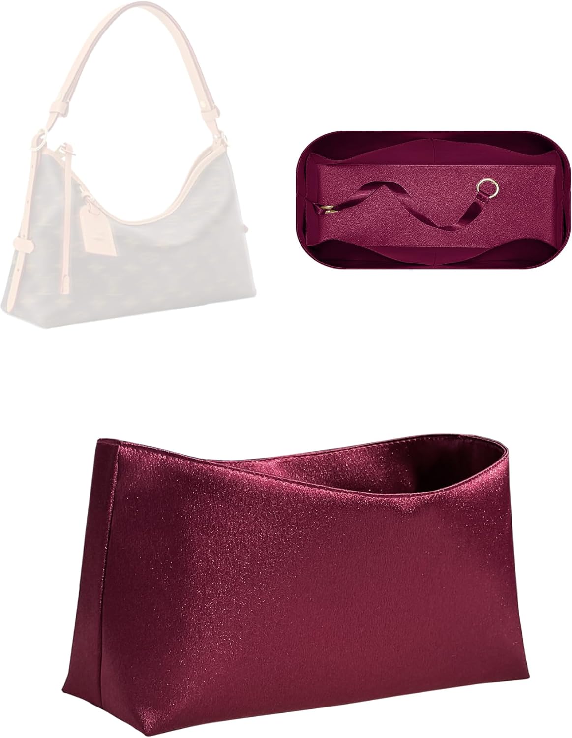 Purse Organizer Insert, Satin Inner Liner Bag Organizer Insert Fit for LV Carryall East West Bag Inside Bag Organizer Insert (Wine Red, Style-01)