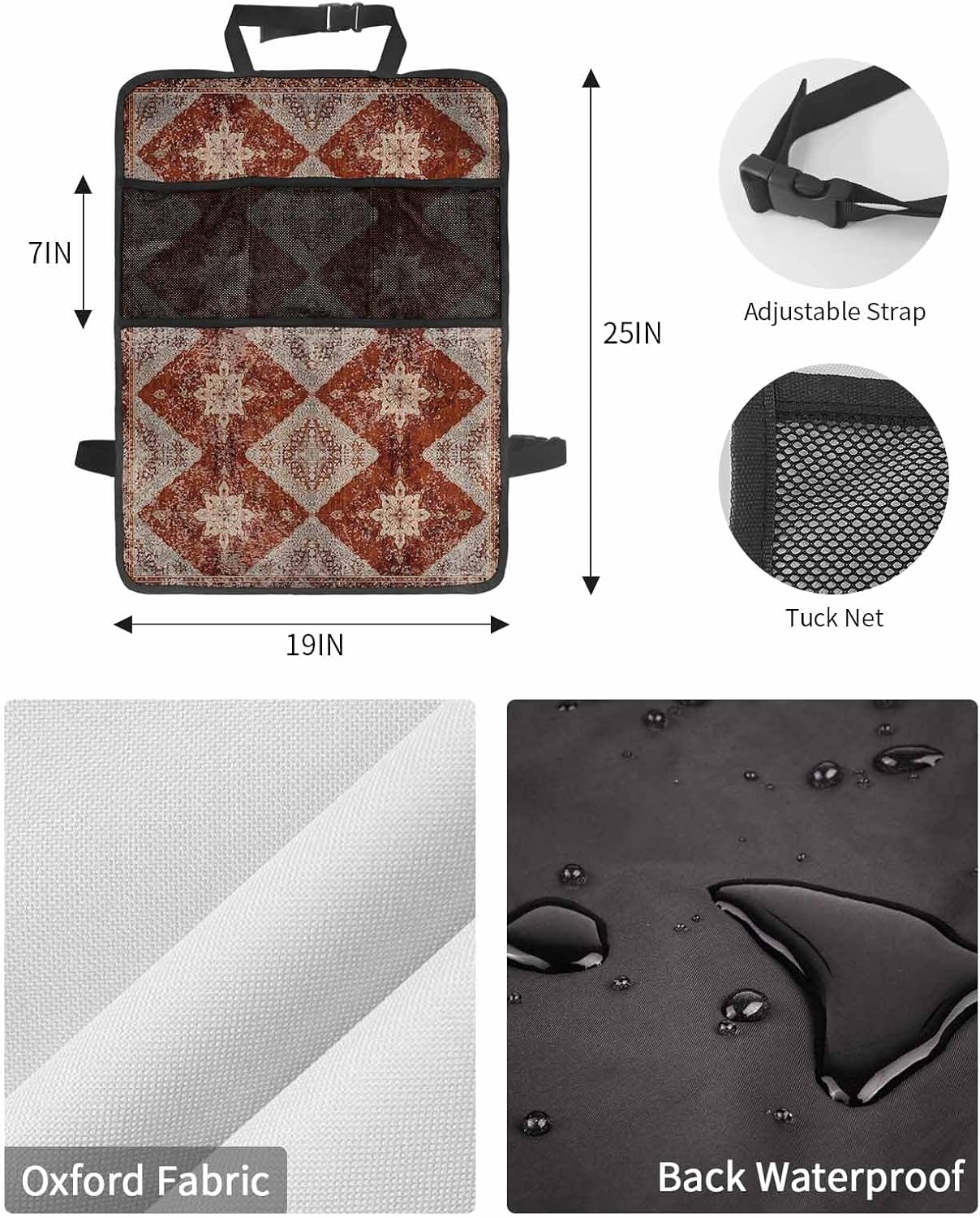 Car Seat Protector, 2 Pack Kick Mats with Organizer - 3 Pocket Storage, Medieval Turkish Patterns Vintage Mural Wallpaper Back Seat Cover for Kids Universal Fit Automotive Interior Protectors