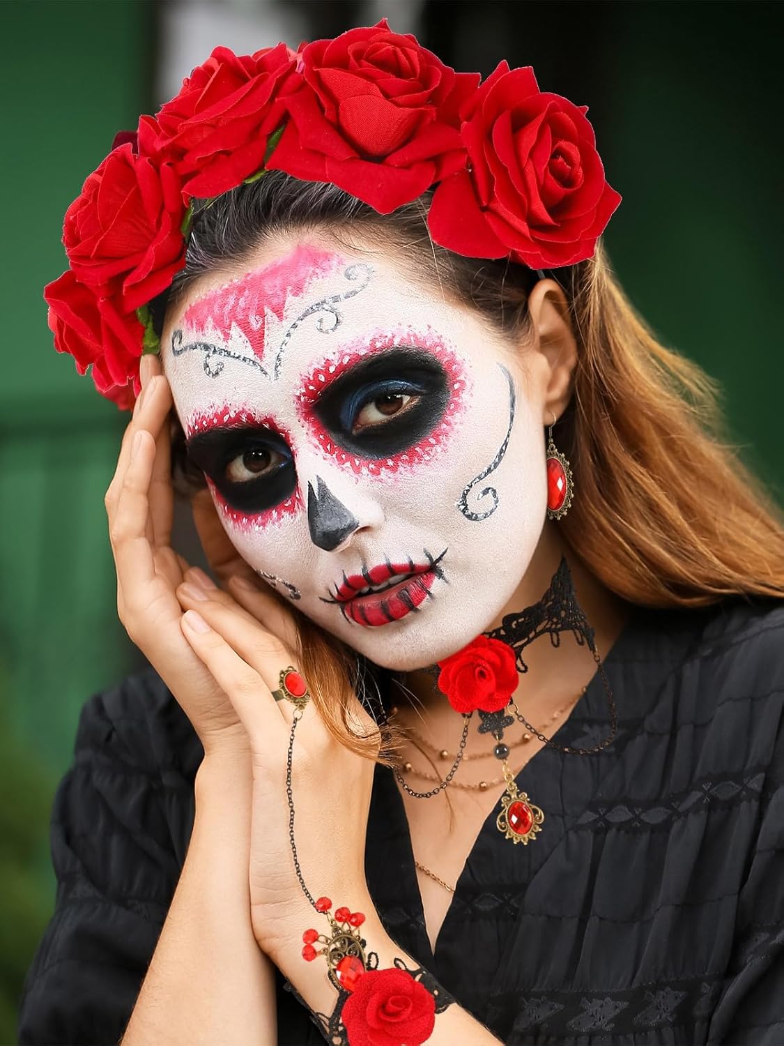 4 Pcs Day of the Dead Costume, Day of the Dead Flower Headpiece Lace Choker Black Lace Hand Harness Gemstone Earrings for Women Cosplay Party - Image 6