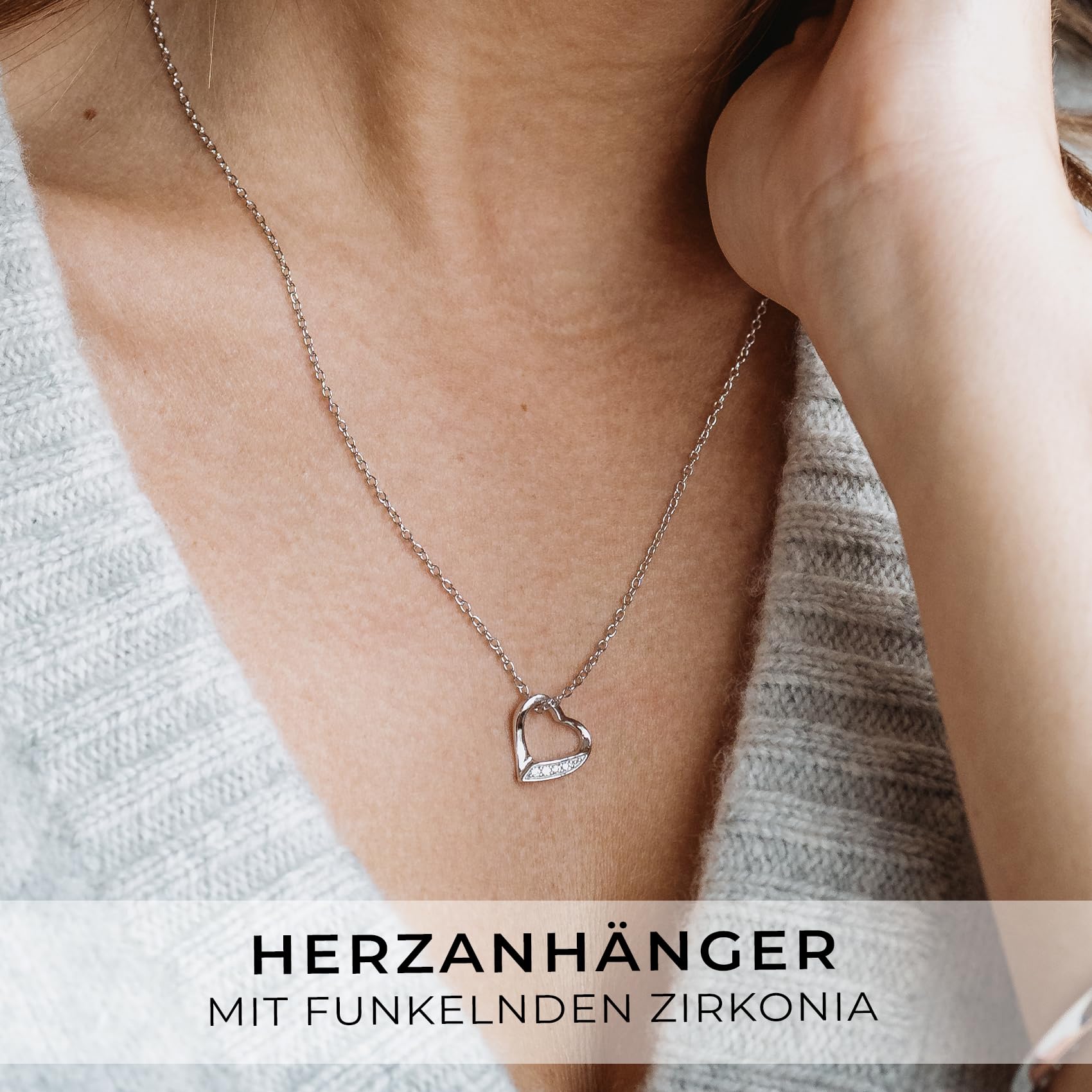 Amoonìc Herzkette Silber 925, Halskette Damen verstellbar 45-50cm | Herzanhänger "Ich liebe Dich" Echt Silber mit Steinen, Kette Damen mit Herz, Frauen Schmuck Geschenk für Sie Mama Freundin