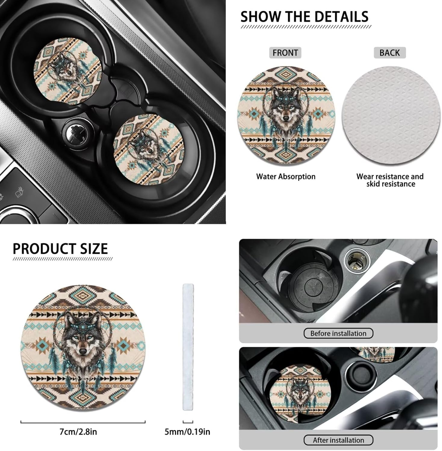 Wanyint Aztec Wolf Dream Catcher Car Seat Cover Split Covers Set for Women Men, 15 Inch Steering Wheel Cover, Headrest Cover Cup Coasters Handbrake Cover Gear Shift Cover Auto Accessories image 5