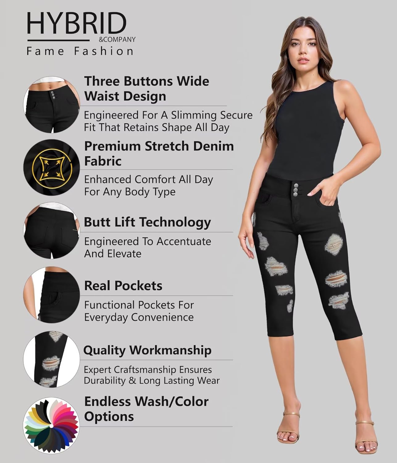 Hybrid & Company Womens Perfectly Shaping Hyper Stretch Bermuda Shorts Capri - Image 2